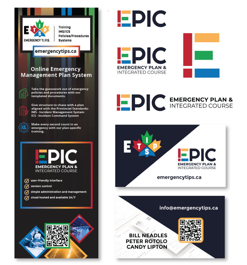 EPIC logo, banner, business cards