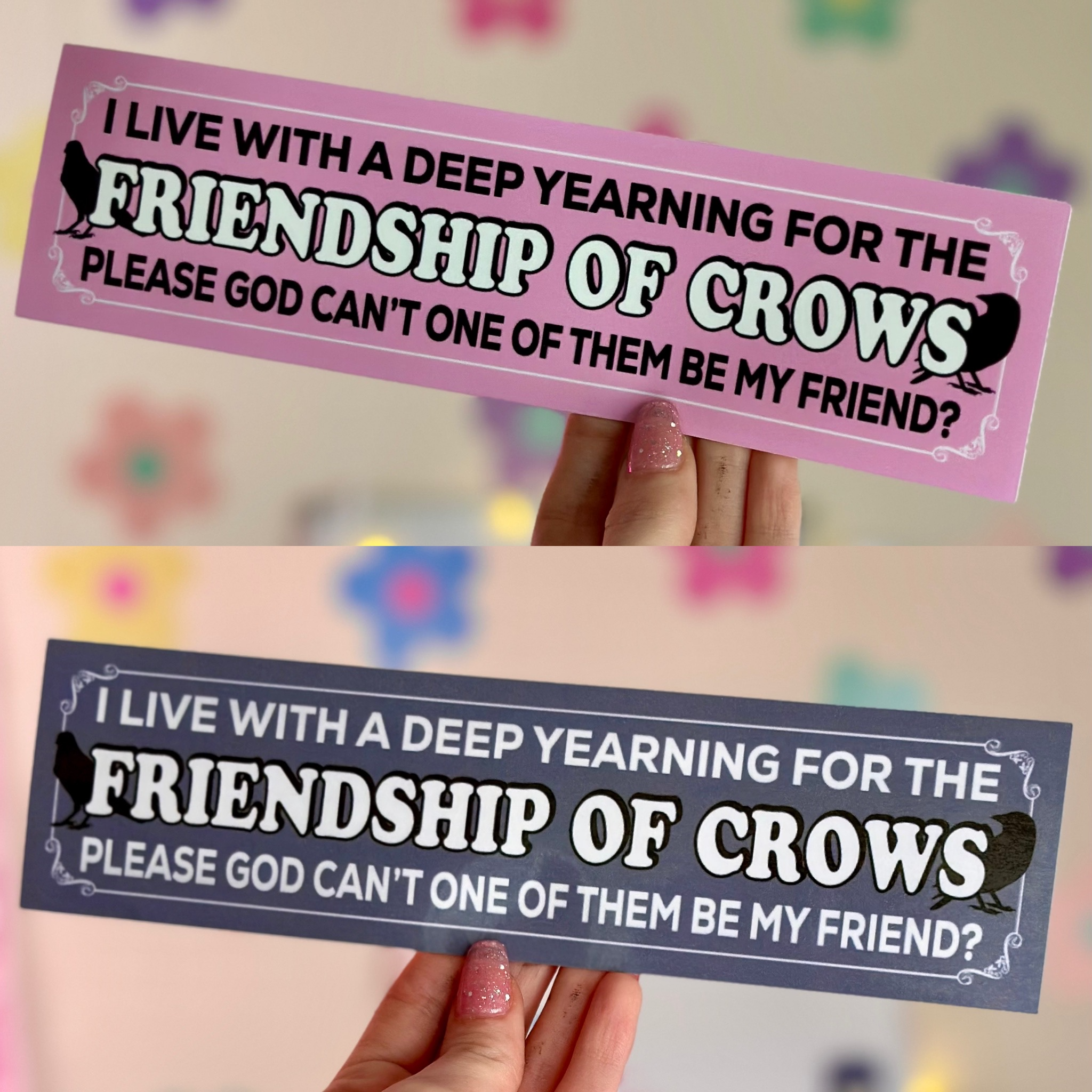 crow bumper stickers in pink and grey<br>