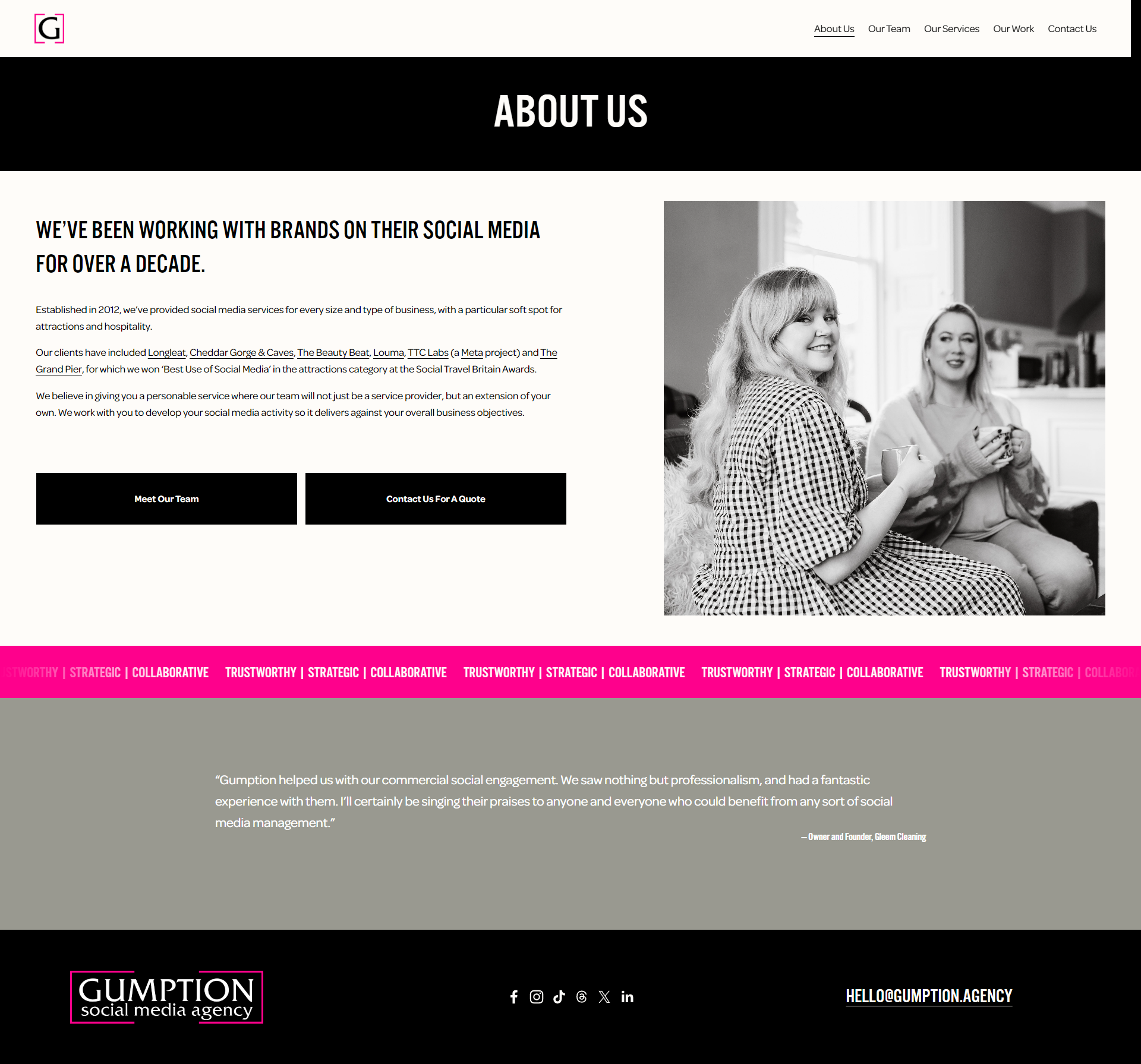 The "about us" section gives a clear and concise insight into the business, with a link for visitors to find out more about the individuals behind it.