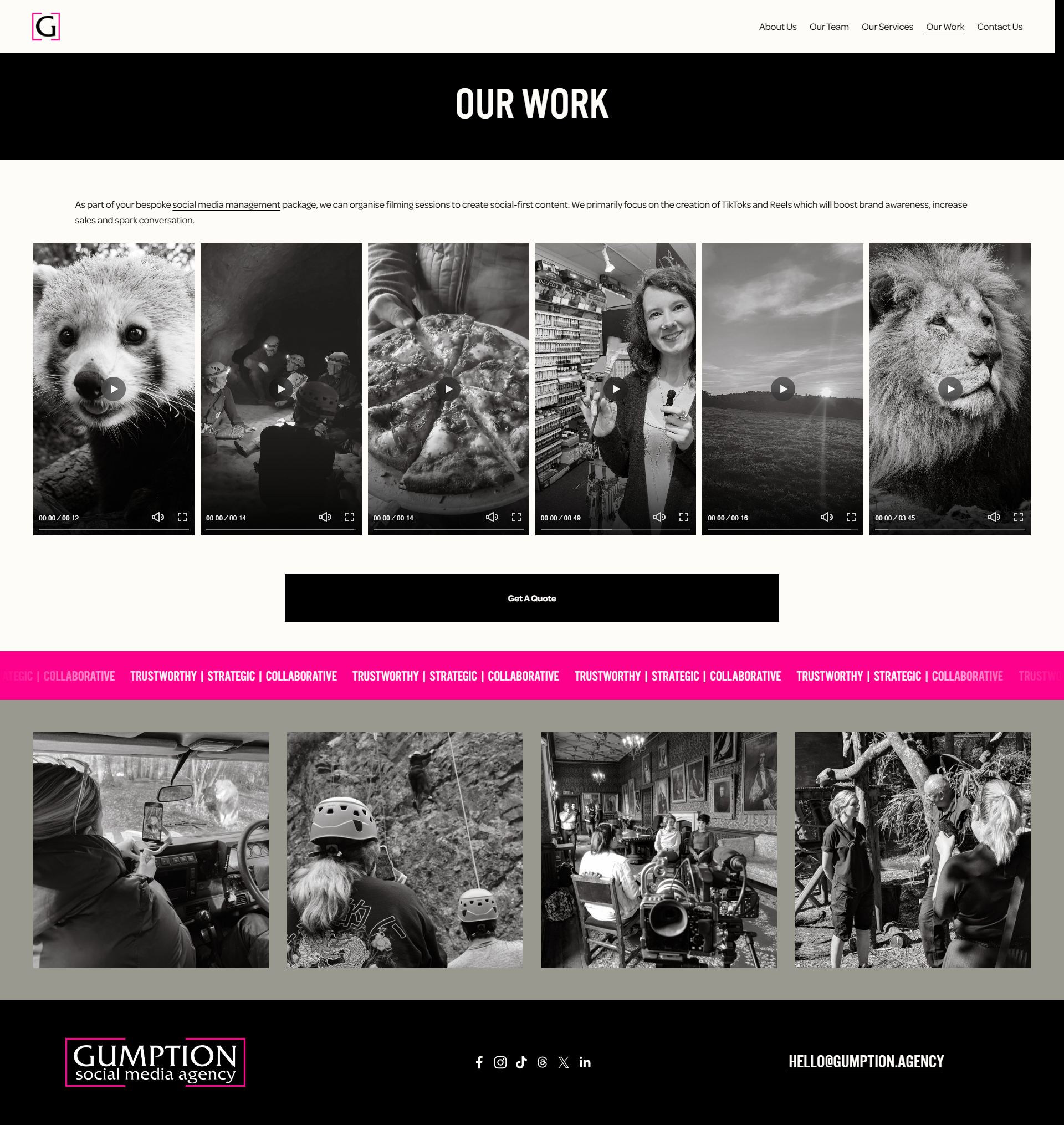 Making use of custom CSS, the "our work" page includes embedded portrait videos. They also feature custom greyscale covers.