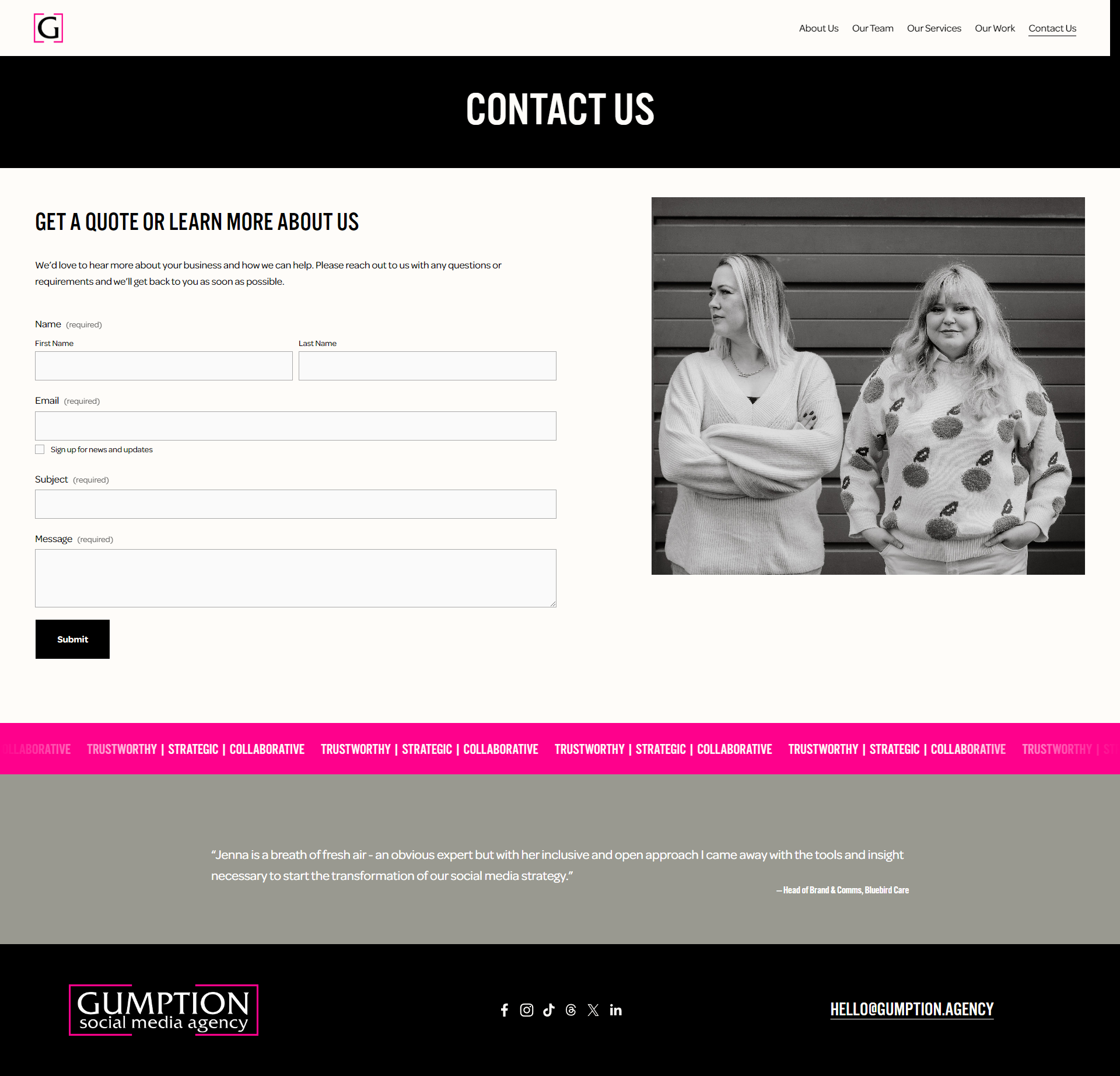 The "contact us" page features an interactive form and clear call to actions.