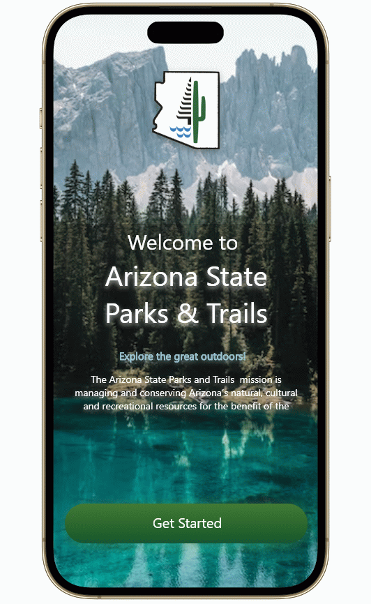 Overarching Landing page. Overall Park screen, includes Park Info, Description, Experience, & Nearby Parks. Redirects users to Park Media screen where they can see Images and Videos of the Park and also redirects users to park description where they can learn more about the Park History.