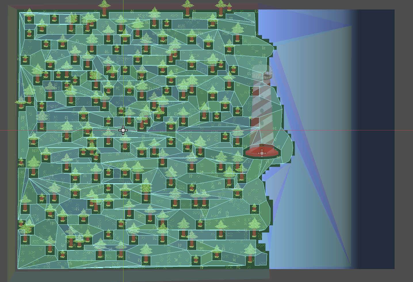 The 2D game scene with the debug shapes enabled for the outer collision and valid pathfinding space