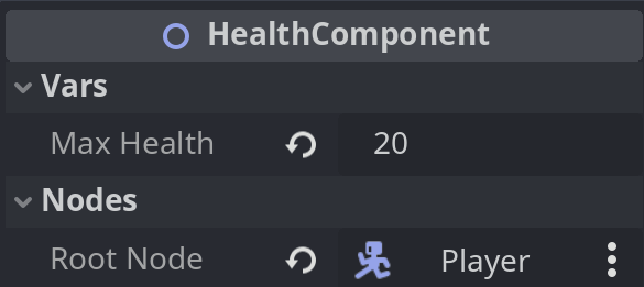The inspector for HealthComponent.<br>Max Health = 20<br>Root Node = Player