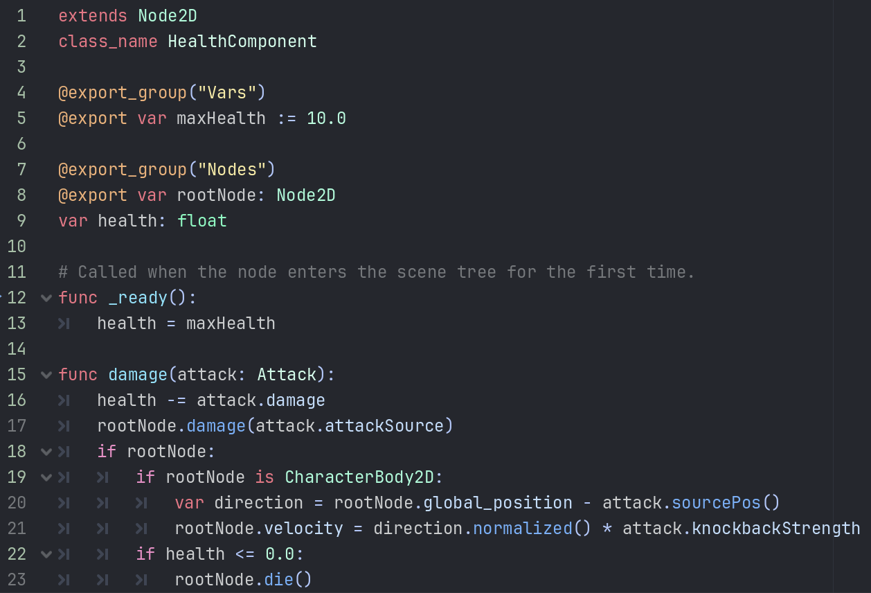The GDScript code for the HealthComponent. Contains exported variables and a "damage" function.