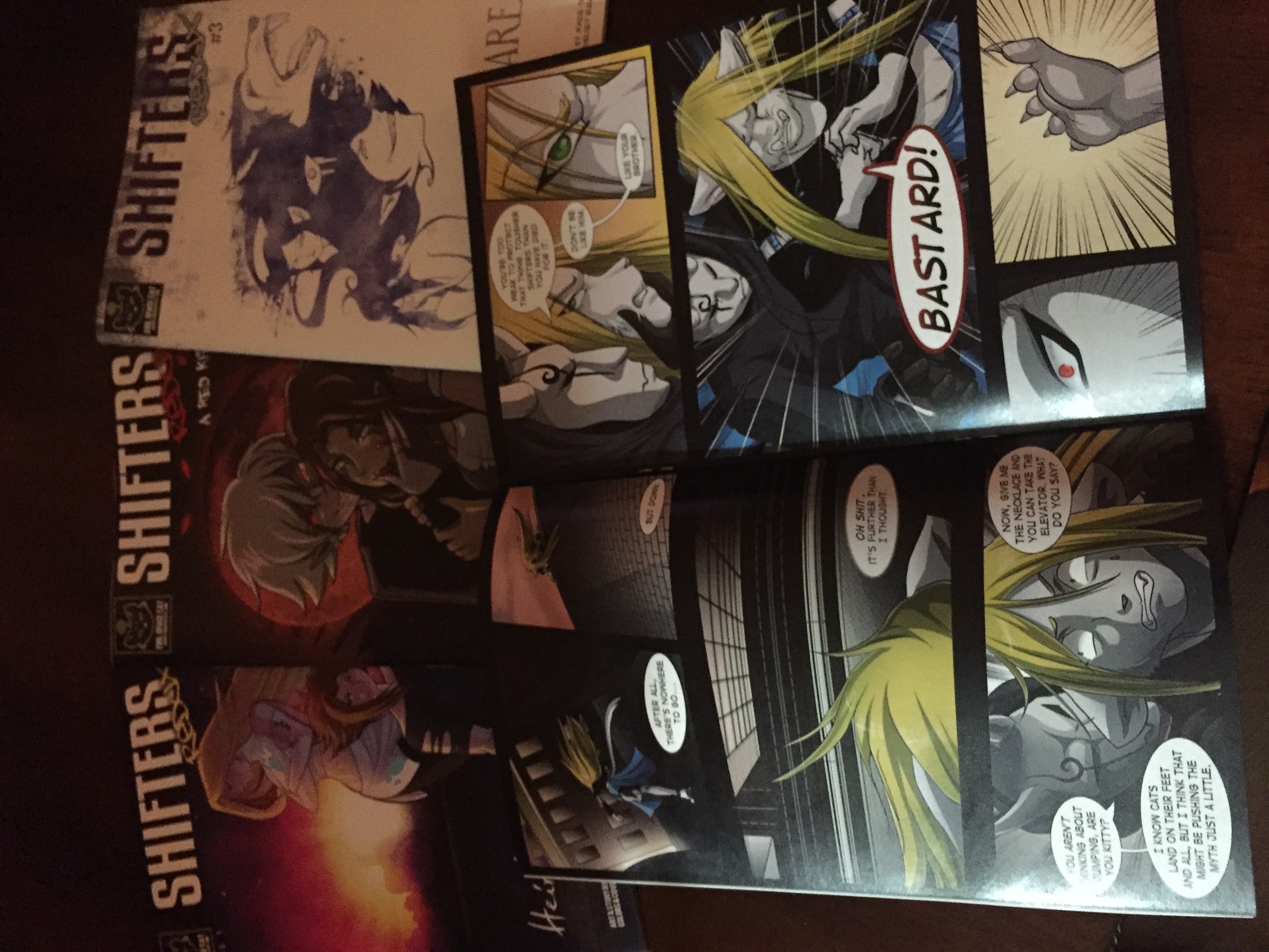 Physical comicbooks of my comics Shifters and Brymstone. Both available online at Shiftersonline.com and Brymstone.net