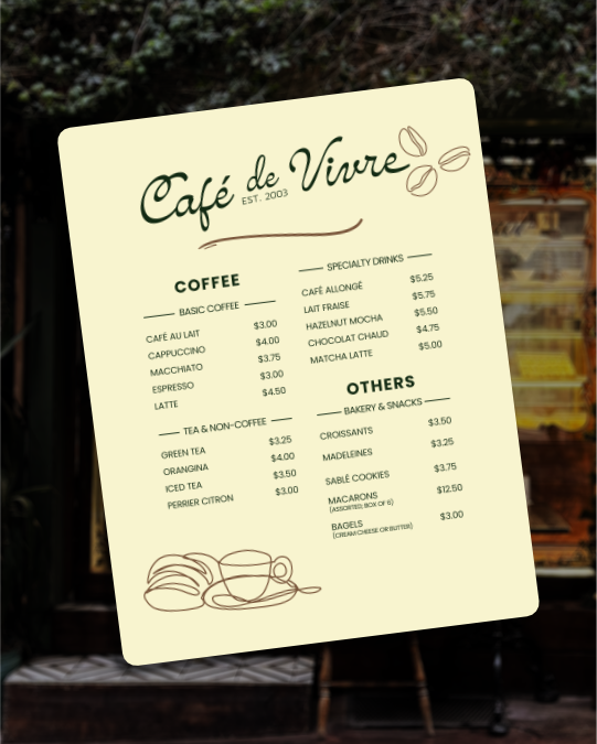 Rooted in the French philosophy of "Joie de vivre"—the art of savoring every moment—Café de Vivre was envisioned as a welcoming escape from the daily rush. This French-inspired coffee and bakery shop invites guests to pause, indulge, and embrace the present. In this passion project, I reimagined the nostalgic charm of classic cafés through similar hues, enriched with a modern twist. The design features an icon inspired by French Sablé cookies, blending tradition with a fresh, contemporary touch.<br><br>[C]<br>Stock by Buse Çolak, Beyza Nur Aytop and Clément Aroust via Pexels<br>Mockup by @mockupsdesign<br>Type: NCL Amhiney DEMO, Laire Sans and Poppins<br>Made in Affinity Designer/Photo and Canva