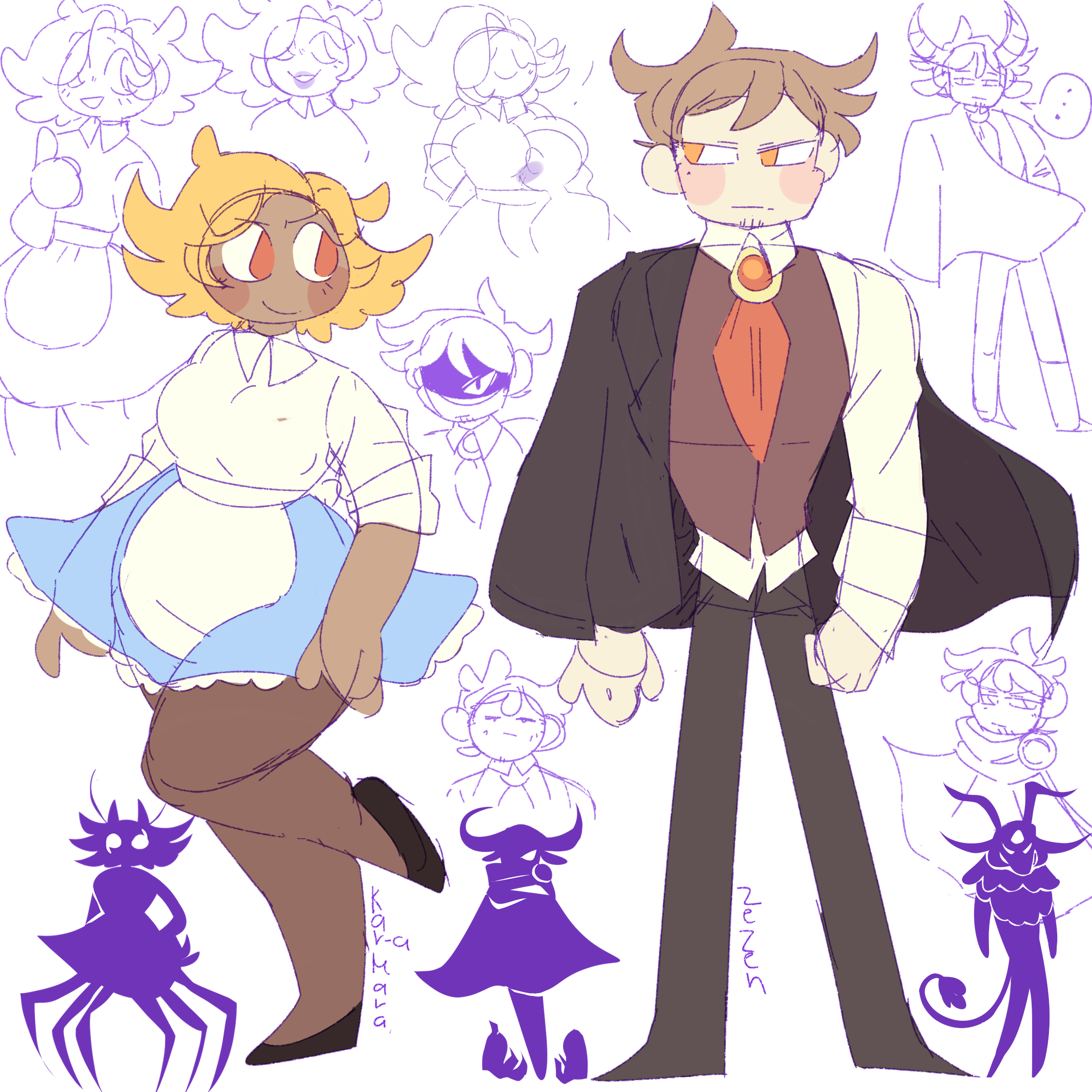 I originally made the small shapes for the demon forms, then worked the sillhouette for their civilian designs