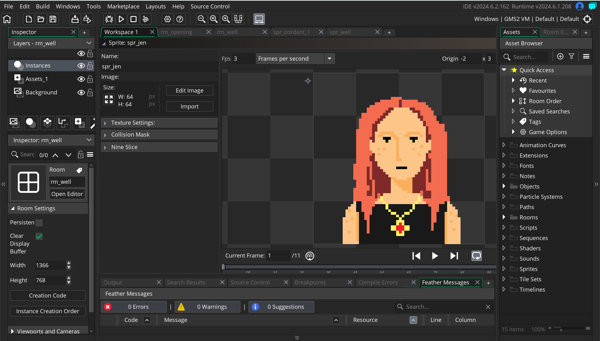my workspace in GameMaker. meet Jen!