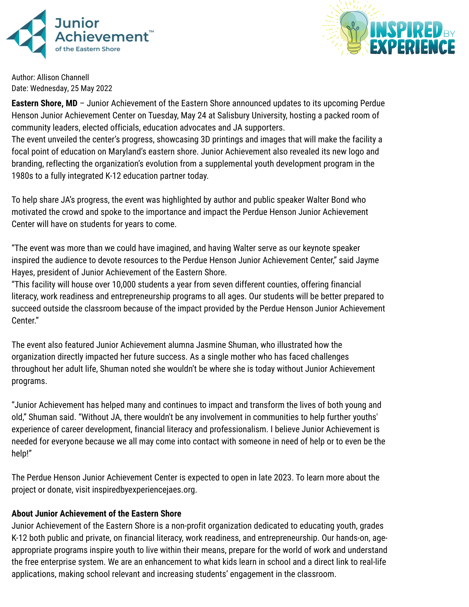 This is a press release updating the local community on the progress of the Future Junior Achievement Center