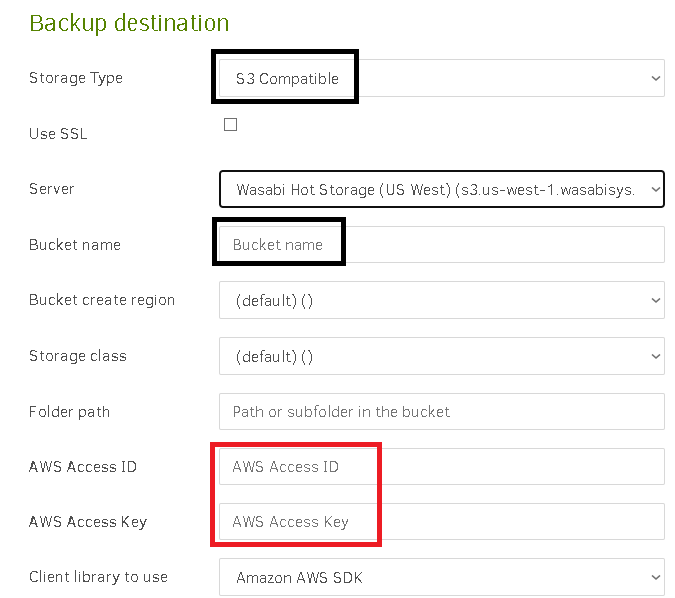 Choose S3 storage and the Wasabi Datacentre chosen earlier. Enter the bucket name created within Wasabi. Add your Access and Secret keys here.